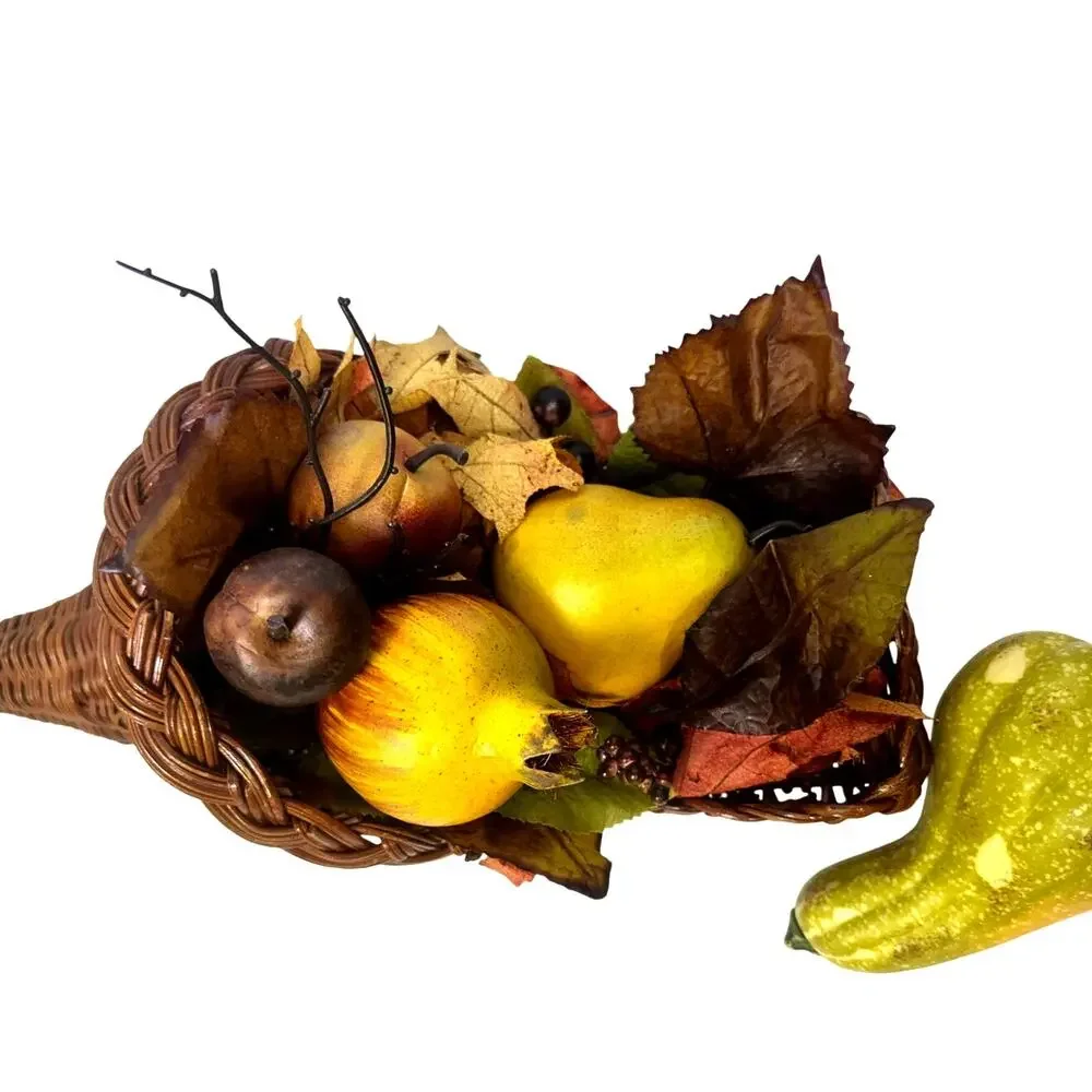 Fall Thanksgiving Autumn Home Decor Cornucopia, Pumpkin, Wreath & Fall Leaves